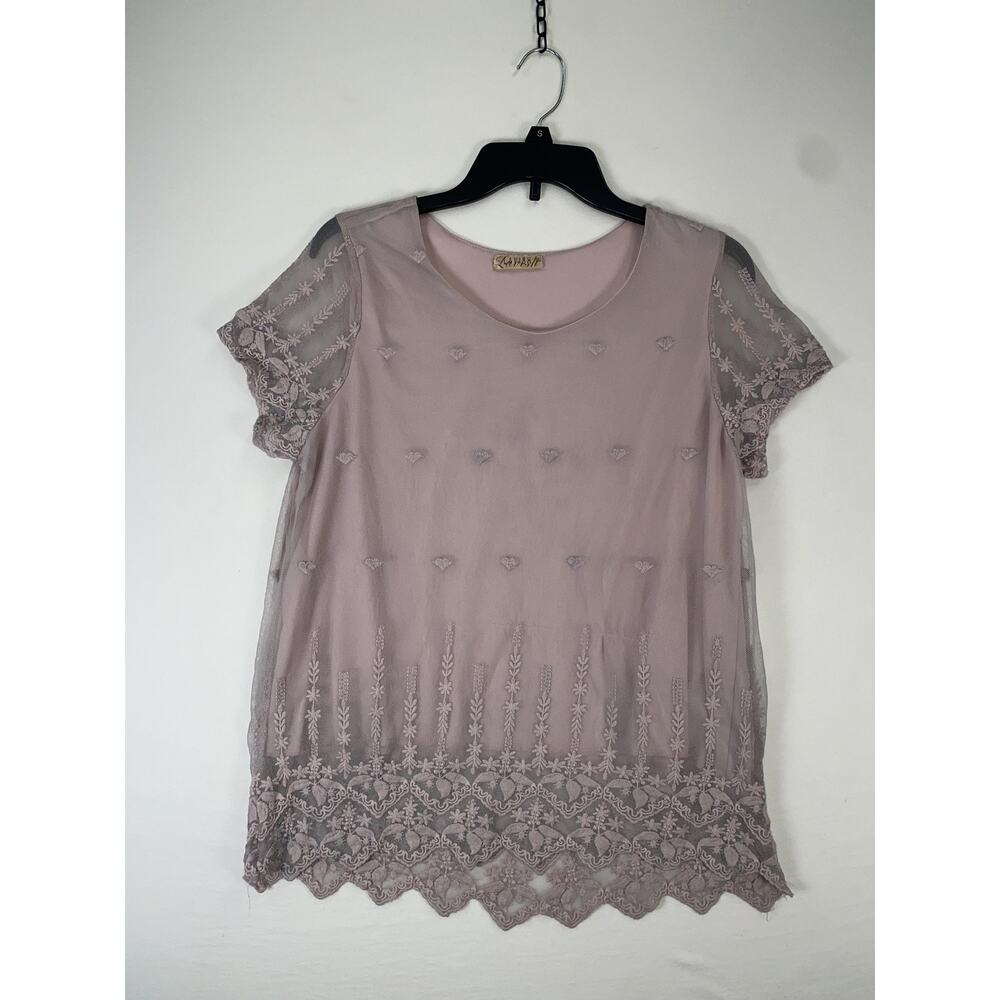 Lavish Blouse Womens XL Pink Lace Embroidered Sheer Short Sleeve Tunic Top